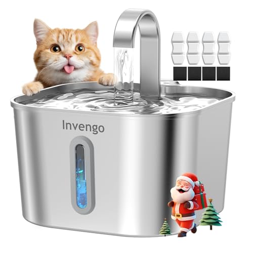 Katzenbrunnen Edelstahl 2,2L | Super Leise Trinkbrunnen für Katze mit Kabel | Katzen Trinkbrunnen mit 5-stufiges Filtersystem & LED-Licht | Einfach zu Reinigen | mit 4 Aktivkohlefilter