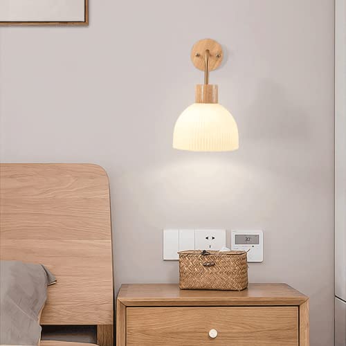 Lámpara de pared de madera para dormitorio y aplique de vidrio retro con rosca E27 8