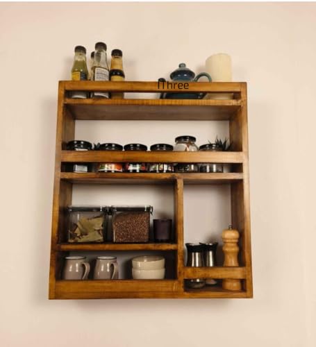 Image of Rustic Wooden Wall-Mounted Spice Rack, Kitchen Storage Organizer with 5 Shelves, Coffee and Condiment Display Stand