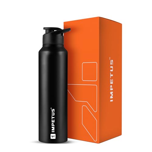 Image of IMPETUS Stainless Steel Water Bottle Sipper 1L (1000ml) Leakproof, Rust free metal bottle & Lightweight Best use for Gym, Office, School, Travel & Fridge- Black