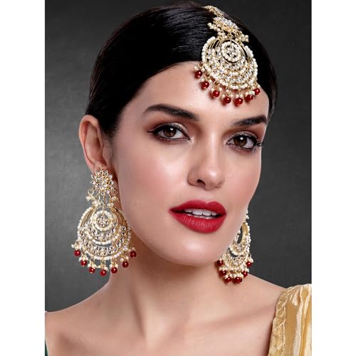 Image of Peora Traditional Jewellery Rhodium Kundan & Pearl Maang Tikka Earring Set for Women Girls