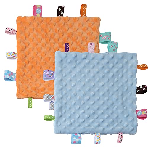 Image of CREVENT Tag Security Blankets for Babies, Soft Small Loveys for Boys, Baby Comforter Sensory Blanket, Great Gifts for Birthday Baby Shower 10"X10" (Blue+Orange Tag, Twin)