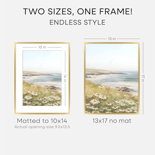 Image of Homeforia 13x17 Picture Frame Gold, High End Metal 13x17 Poster Frames with Mat 10x14 Photo, 13 x 17 Gold Frame Matted to 10 by 14 Print, 17by13 Thin Hanging Frames, Tempered Glass, Wall Kit, Set of 3
