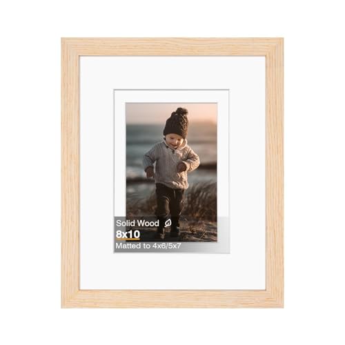 KINLINK 8x10 Picture Frame, White Oak Solid Wood Frame with Acrylic Plexiglass for Pictures 4x6/5x7 with Mat or 8x10 without Mat, Tabletop and Wall Mounting Display Photo Frame 1 Pack