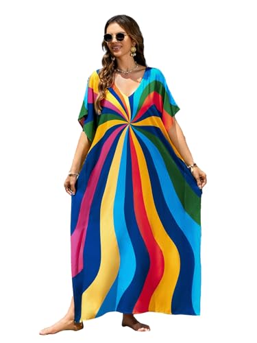 Image of sunforyou Kaftan Dresses for Women Plus Size Lightweight Swimsuit Cover up Batwing Sleeve Print Loungewear Beach Robe