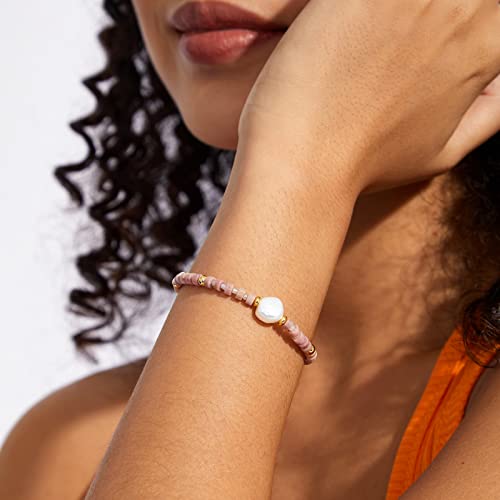 Kissyan Healing Crystal Bracelet With Irregular Pearl For Women, Natural Semi-Precious Gemstones Adjustable Beads Bracelet Genuine Freshwater Cultured Pearl Meditation Spiritual Gifts(Rhodochrosite) #TOP1