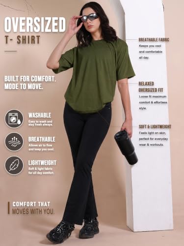 Image of CHKOKKO Oversized T-Shirt for Women Cotton Blend Soft Loose Fit Tshirt Top for Summer Half Sleeves Drop Shoulder Trendy Stylish Solid for Casual Streetwear, Outings or Travel