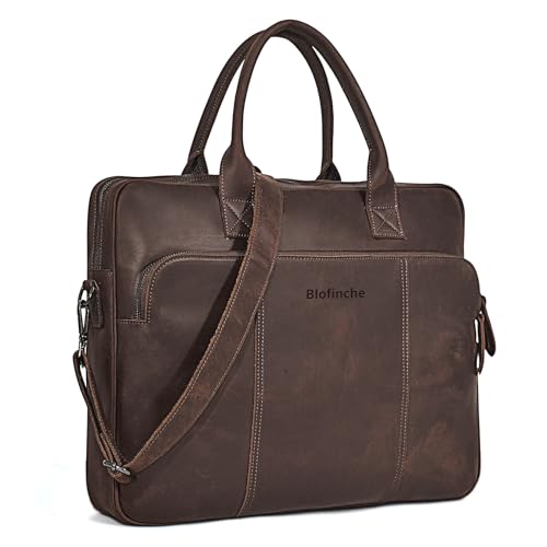 Blofinche Genuine Leather laptop briefcase mens 18 inch Computer Messenger shouledr work Satchel bags Coffee