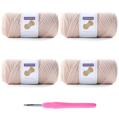 Image of 4 Pack Tshirt Yarn for Crocheting, Elastic T Shirt Spaghetti Thick Knitting Yarn Total Length 260 Yds for Crochet Bag Baskets Home Decor with 1 Crochet Hook (4-Beige)