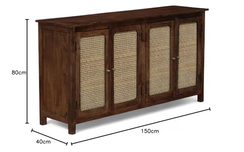 Image of Madrid Solid Wood 4-Door Cane Sideboard Cabinet | Scratch-Resistant Tubaq Finish | Crockery & Kitchen Storage Unit