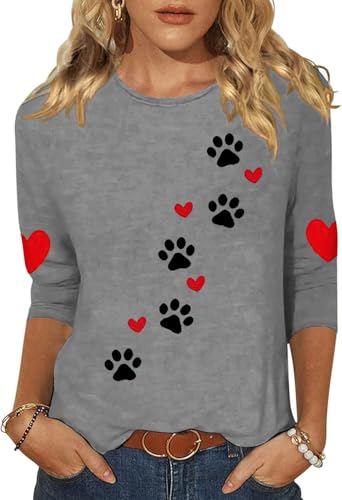 Image of Women's Valentine 3 /4 Sleeve Round Neck Shirt Funny Love Heart Graphic Tee Casual Couple Top Blouse
