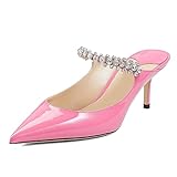 JiaBinji Women High Heels Sandals Mules Rhinestone Strap 2.5 inches Stiletto Pointed Toe Slip On Sandals Handmade Backless Summer Bridal Dress Shoes Candy Pink Size 7.5
