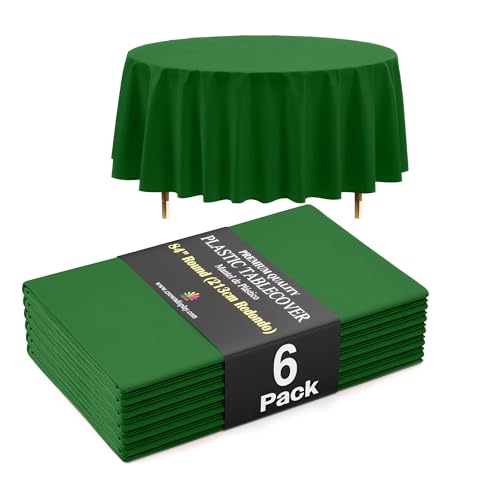Image of Exquisite 66% Thicker Premium Emerald Green Round Tablecloth 0.5 Mil 6 Pack Plastic Table Cloth Disposable 84 Inch Round Plastic Tablecloth Won't Tear Easily Like Cheap Thin Brands