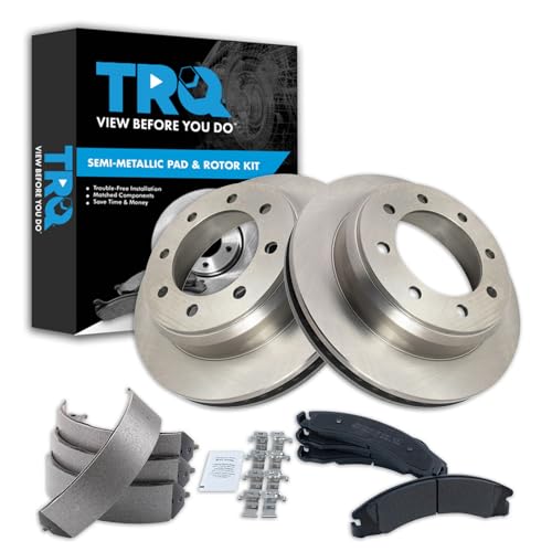 Image of TRQ Rear Brake Pad & Rotor Kit Parking Brake Shoe Set Semi-Metallic Compatible with 2008-2014 Ford E-150 E-250 2008-2021 E-350 Super Duty