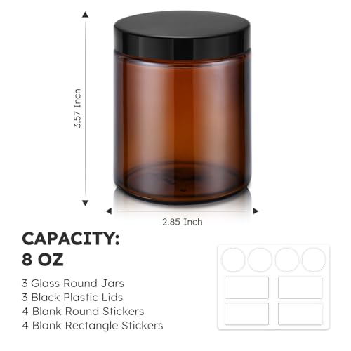 8oz Amber Glass Jars with Lids, 3 Pack Candle Jars with Blank Labels, 250g Wide Mouth | Lotion Container for Sample, Cream, Lotion, Honey, Powder, Jelly | Home & Beauty3