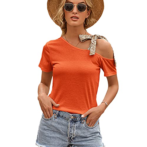 Solide Ample Tunique Tee Shirt Femme Bretelles Épaule Oblique Manche Courtes Haut (Veuillez Vérifier La Taille De l'image Avant D'acheter, Comprend Uniquement Les Hauts),Orange,M Cover