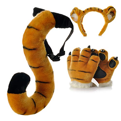 LANFIRE Tiger and dinosaur Paw Gloves Headband and Tail Costumes Set Cosplay Tiger Leopard Animal Paw Gloves