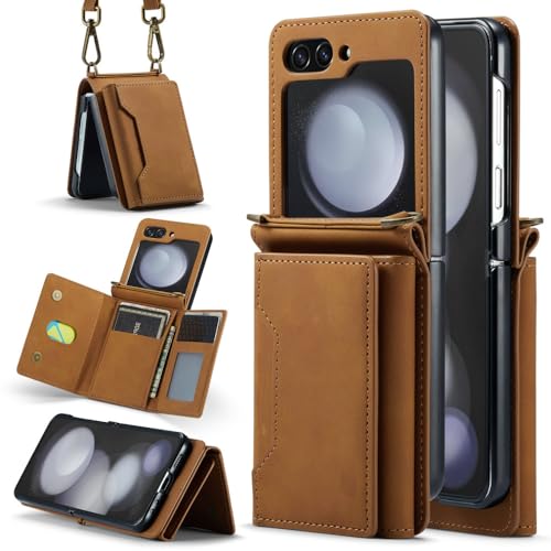 Étui en cuir pour Samsung Galaxy Z Flip 5 avec bandoulière élégante marron