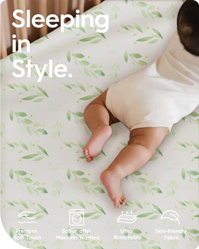 Image of Pack N Play Sheets Fitted for Girls Boys, TotBasic Boho Mini Crib Sheets for Pack and Play /Mini Crib Mattress, Premium Soft Stretchy Jersey for Breathable Comfort - 2 Pack (Sage Green&Botanical Leaf)