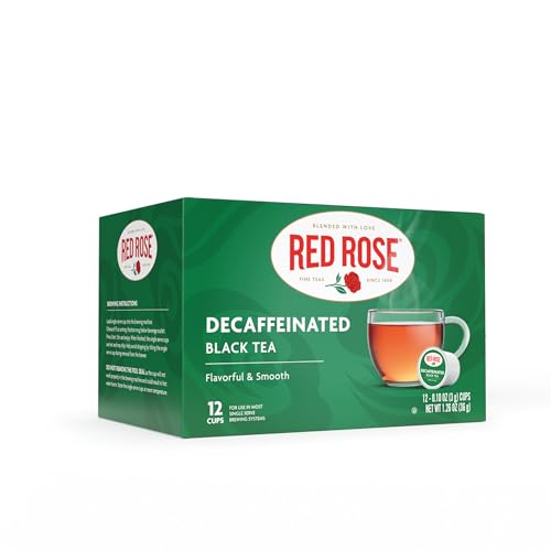 Red Rose Naturally Decaffeinated Black Tea Specially Blended Strong Black Tea with 12 Single Serve Tea K-Cups Per Brew Hot/Cold Decaf Full-bodied K-Cups Single Serve Cups