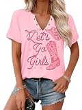 UYIQL Vintage Country Music Tshirts for Women Let's Go Girl Shirt Western Cowgirls Hat Boots Graphic Outfit Light Pink M