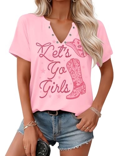 UYIQL Vintage Country Music Tshirts for Women Lets Go Girl Shirt Western Cowgirls Hat Boots Graphic Outfit Light Pink XL