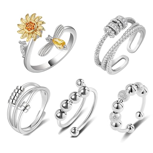 El Mejor Listado de Anillos comprados en linea. 44 5 Piezas Anillo,S925 Anillo Ajustable de Ansiedad para Mujeres, Artículos para Aliviar la Ansiedad, con Circonita Cúbica Anillo de Boda Regalo
