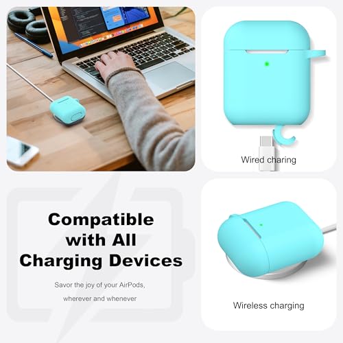 Image of AirPods Case Cover with Keychain, Full Protective Silicone AirPods Accessories Skin Cover for Women Girl with Apple AirPods Wireless Charging Case,Front LED Visible-Mint Green