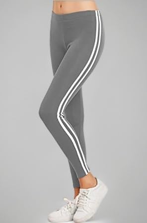 Gym Wear Leggings Ankle Length Workout Trousers | Stretchable Striped Jeggings | Yoga Track Pants for Girls & Women (28-34 Inch) (Grey 2W, Free Size)