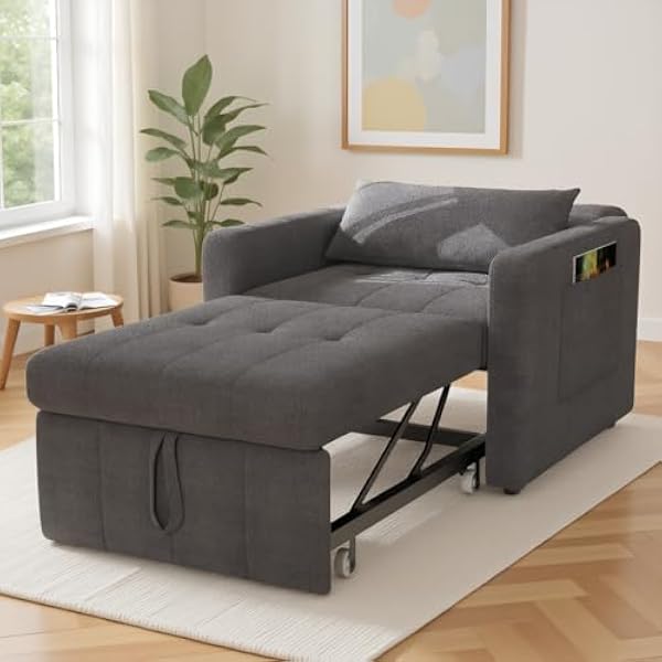 Fotel do spania 3 w 1, konwertowalne krzesło do spania z funkcją łóżka, rozkładana sofa ze składanymi stolikami do herbaty, pojedyncza sofa do spania, regulowany fotel z poduszką (szary, 190 x 108 x