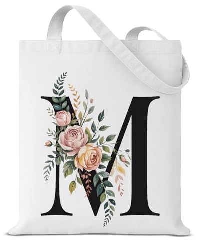Sacola de lona inicial M para mulheres, meninas, floral, letra M, personalizada, reutilizável, mercearia, bolsa de ombro para compras, viagens, trabalho, praia, monograma, presentes