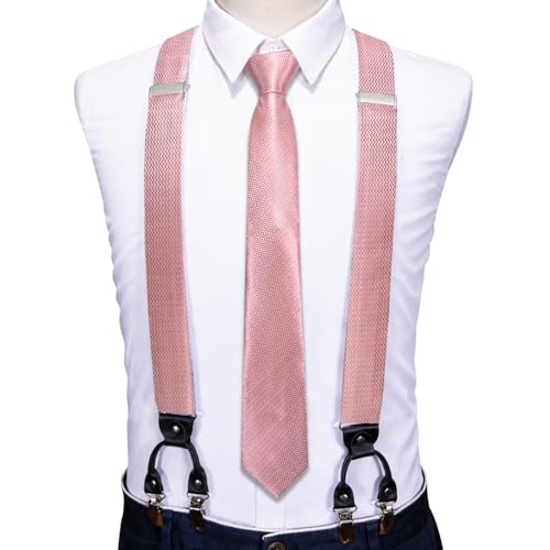 Image of Barry.Wang Men Suspender Set with Necktie Elastic Y Type Heavy Duty 6 Clips Braces Tie Handkerchief Cufflink Pin 6PCS