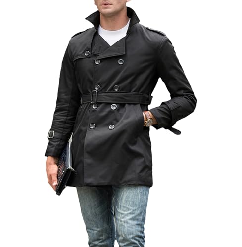 amropi Gabardina Hombre Doble Botonadura Abrigo Cortavientos con Botones Trench Chaqueta Negro, S
