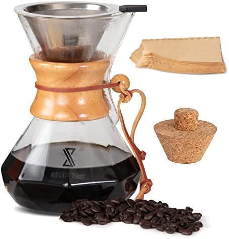 Glass Pour Over Coffee Maker Set - 20oz Borosilicate Carafe, Reusable Stainless Steel Filter and 40 Paper Filters - Modern Wooden Collar and Cork Stopper - Pour-Over Coffee Pot, Gravity Dripper