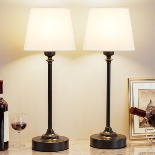 Image of Cordless Table Lamps Rechargeable Set - 2 Pack Black 4000mAH Battery Operated Lamps for Decor, 3000K Stepless Dimming Touch Control Wireless Lamps for Bedroom, Dining Table, Living Room, White Shade