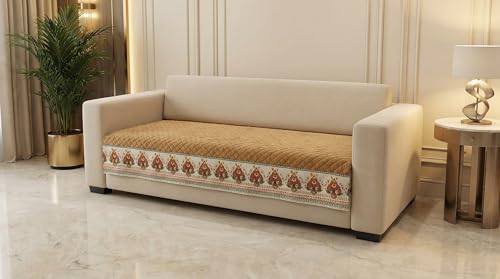 Image of Velvet Quilted Sofa Cover Mat Seat & Back, 4 Seater, L90in H32in, Gold Color,Anti Skid Backing, 6in Hanging Strap Design, Washable Soft, Anti Slip, Separate M, Style -Gold-S4