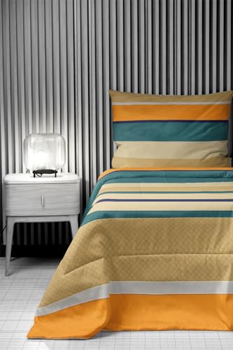 Image of LOOMLYFE 300 TC All Season King Size AC Comforter || Blanket || Duvet for Double Bed with 1 Flat Bedsheet and 2 Large Pillow Covers - 4 Piece Comforter Set - YellowGreenStripes