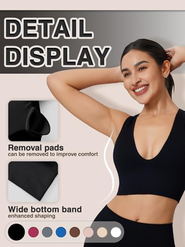 Longline Deep V Neck Sports Bra for Women Ribbed Crop Tank Top Full Back Removable Pads Wirefree Medium Support Yoga Bra4