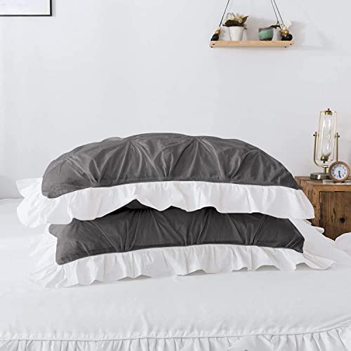 Image of 300 TC Pinch Ruffle 2 Tone Duvet /Razai /Blanket Cover with 2 Pillow Cover- 100% Cotton (Zipper Closure) Razai Cover 3 PC Set, Soft & Lightweight-Queen Size White /Dark Grey