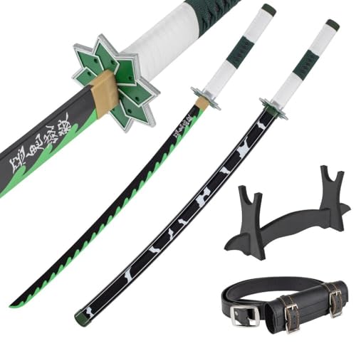 Katana en Bois de Bambou 77 cm avec Ceinture et Support - Daemon Slayer Anime Cosplay Epee Japonaise pour Déguisement et Decoration - Sabre Samourai Wakizashi...