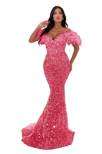 Image of Sequin Feathers Mermaid Prom Dresses 2026 Off Shoulder Sparkly Long Formal Evening Party Gowns with Train