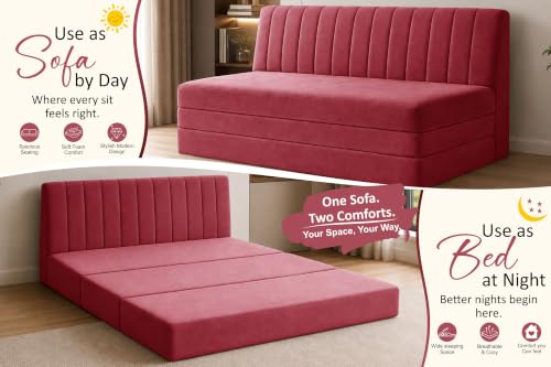 Image of 3-Seater Velvet Sofa Cum Bed | Convertible Sleeper Sofa | Modern Foldable Couch for Living Room, Bedroom & Office | Red