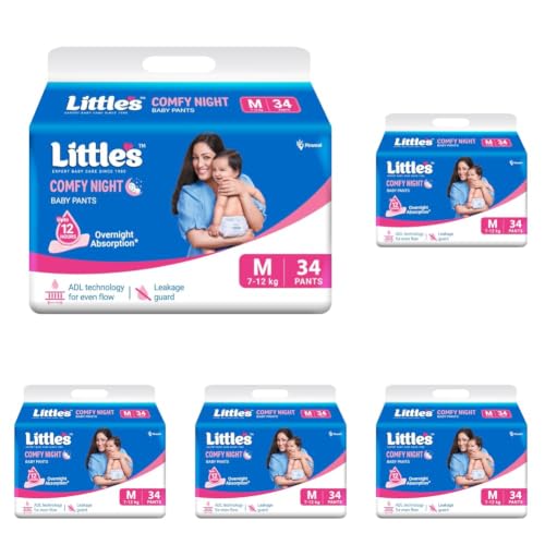 Image of Little's Baby Diapers M Size (Medium) Pants Style | 7-12 kg | 34 Count | Comfy Nights Baby Diaper Pants with Leakage Guard & Upto 12 Hours Absorption (34 Count, Pack of 5)