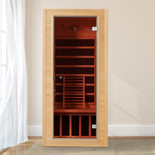 Real Relax Far Infrared Sauna for Home, 1 Person Indoor Home Sauna Low Emf, Canadian Hemlock Wooden Dry Saunas Room with Bluetooth Speakers, 9-Color Light Therapy, 1574w/110v for Personal Spa