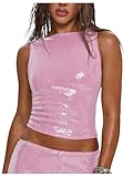 MakeMeChic Women's Sparkly Sequin Tops Y2k Sleeveless Crop Going Out Rave Tops Clubwear Pink Medium