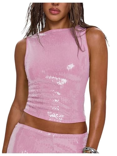MakeMeChic Women's Sequin Sparkly Tank Crew Neck Sleeveless Party Crop Tops Clubwear