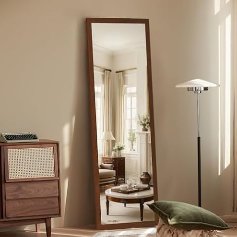Niccy 65"x22" Full Length Mirror with Stand,Tempered Floor Mirrors,for Bedroom Living Room Cloakroom,Floor Mirror with Rectangle Frame,Free Standing or Wall-Mounted Mirror for Living Room,Walnut Cover