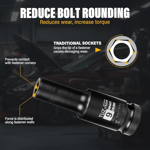 Image of 1 /2 Inch Drive 9mm Deep Metric Impact Socket,CR-MO,6 Point Radius Corner Design,Square Chamfered Opening,Axle Nut Impact Grade Socket for Easy Removal