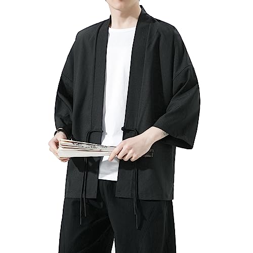 Image of Mens Kimono Cardigan Cotton Linen Japanese Shirt 3 /4 Sleeve Haori Yukata | Skin-Friendly Solid Color Lightweight Shawl Collar Kimono Robe Embroidery Button Tie Pockets Happi Coat All Season Daily Wear