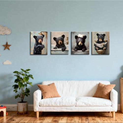 Image of Frimeeme Framed Funny Bear Bathroom Canvas Wall Art, Set 4, 8x10 Inches